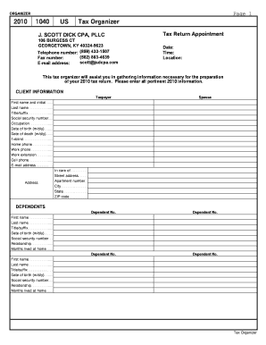2010 1040 US Tax Organizer
