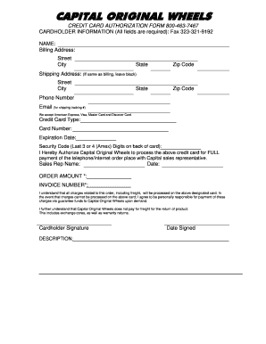 Capital Original Wheels Credit Card Authorization Form