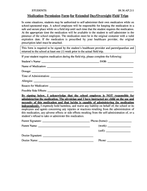 Medication Permission Form for Field Trips