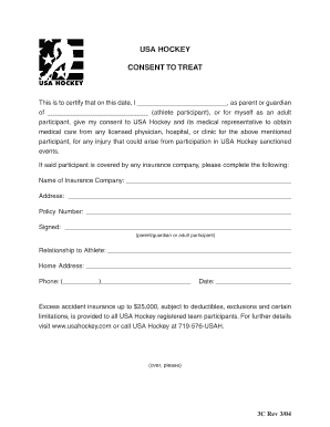 USA Hockey Consent to Treat Form
