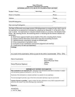 Wisconsin Kindergarten Eye Health Examination Report