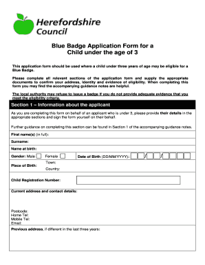 Blue Badge Application Form for Children Under 3