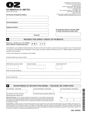 OZL Dividend Direct Credit Request Form