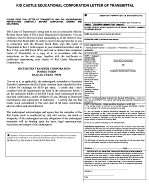Kid Castle Reverse Stock Split Letter of Transmittal