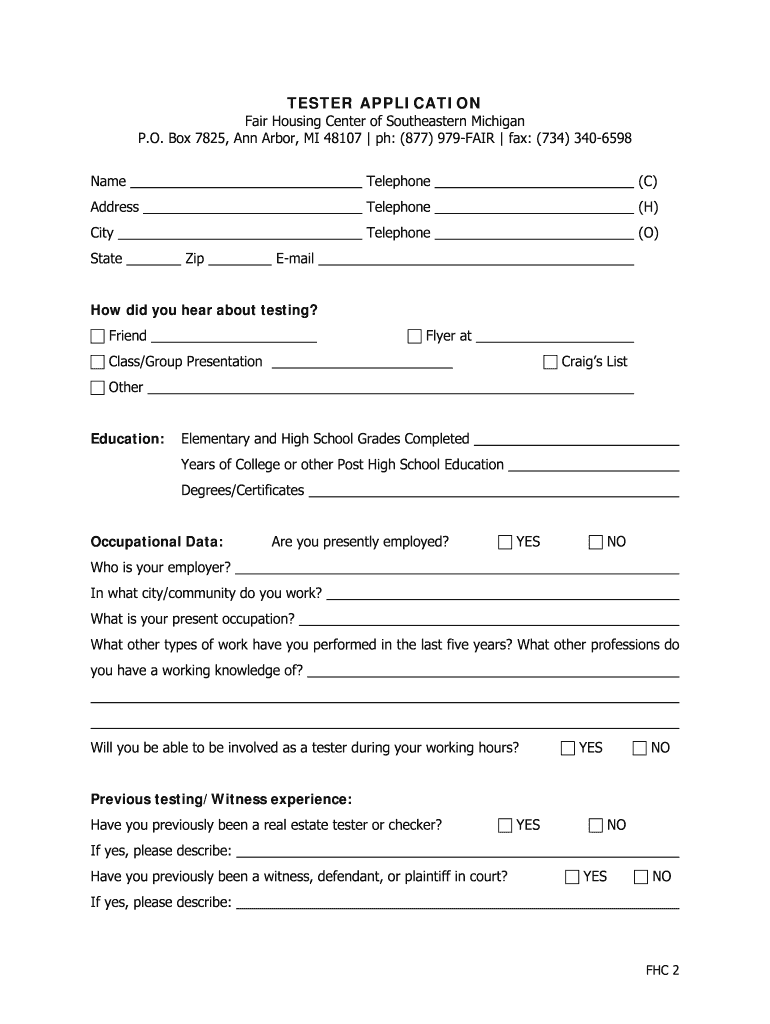 Fillable Online fhcmichigan TESTER APPLICATION Fair Housing Center of