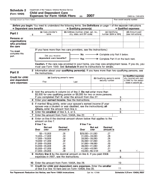IRS Schedule 2 Form 1040A Child and Dependent Care Expenses