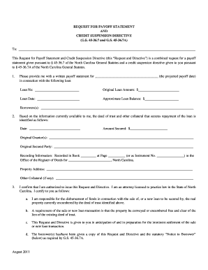 North Carolina Request for Payoff Statement and Credit Suspension Directive