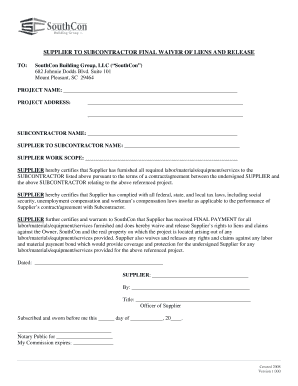 Supplier to Subcontractor Final Waiver of Liens and Release