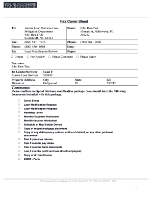 Fax Cover Sheet for Loan Modification