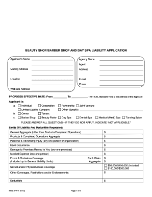 Beauty Shop/Barber Shop and Day Spa Liability Application
