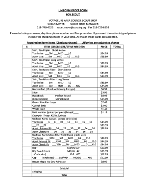 Boy Scout Uniform Order Form