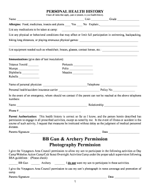 Cub Scout Camp Health History Form