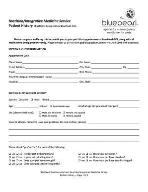 Pet Nutrition History Form