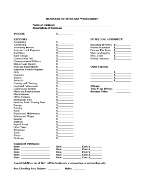 Business Profit/Loss Worksheet