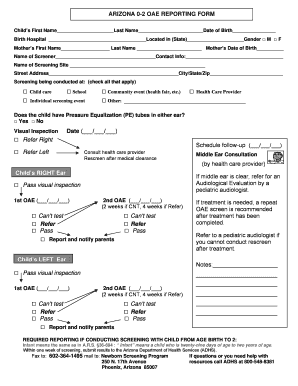 Arizona Newborn Hearing Screening Report Form