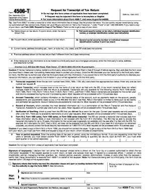 Form 4506-T Rev September 2015 Request for Transcript of Tax Return