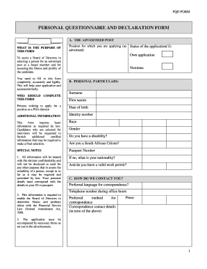 Personal Questionnaire and Declaration Form