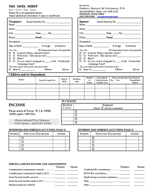 2015 Tax Data Sheet