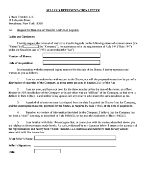Fillable Online SAMPLE RULE 144(b) SELLER S REPRESENTATION LETTER Fax ...