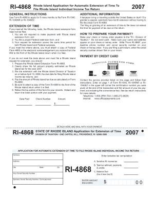 Rhode Island Tax Extension Form RI-4868