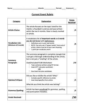 Science Current Event Rubric