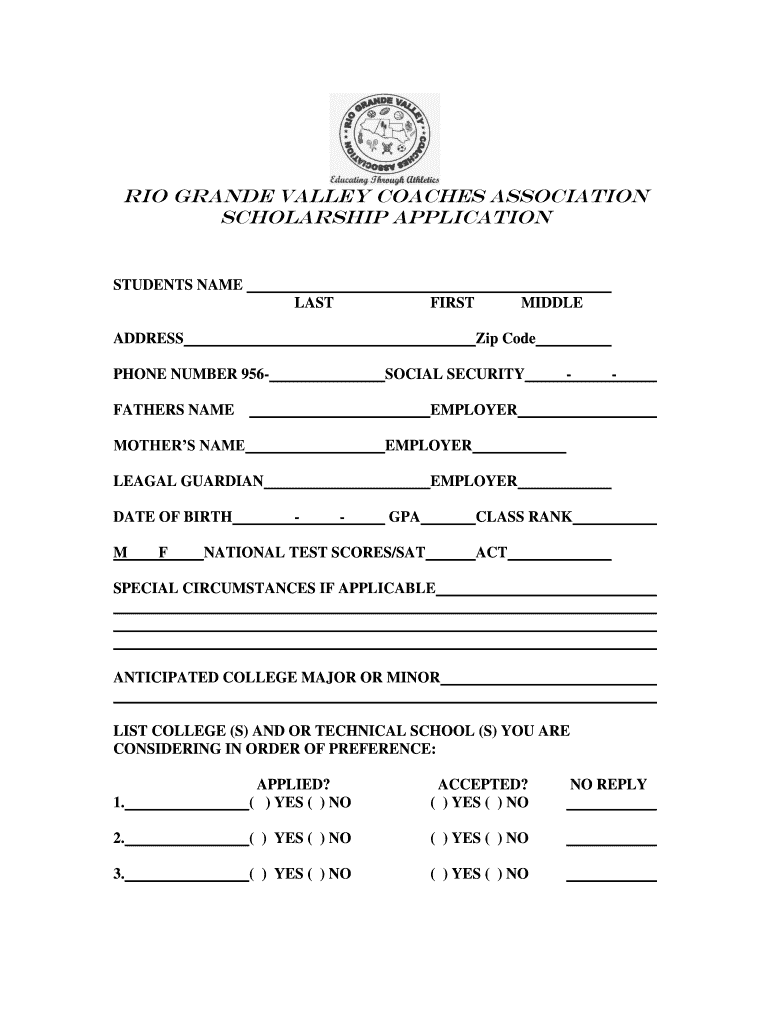 Rio Grande Valley Coaches Association Scholarship Application Fill And Sign Printable Template Online Us Legal Forms