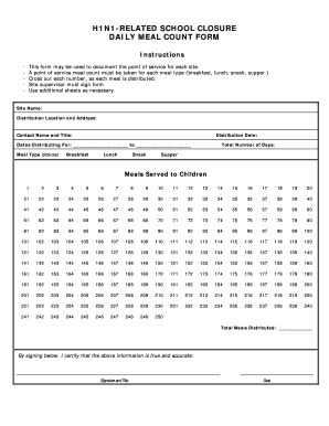 H1N1-Related School Closure Daily Meal Count Form