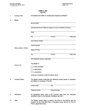 5412014 Bidding Submissions Page 1 of 3 Template Version: C320131129 C LR FORM A: BID (See B9) 1 - winnipeg