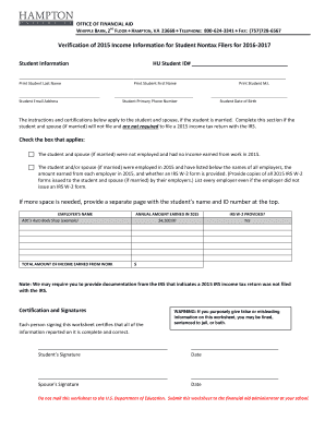 Fillable Online Office Of Financial Aid Nd Whipple Barn 2 Floor Hampton Va 23668 Telephone 8006243341 Fax 757 7286567 Verification Of 2015 Income Information For Student Nontax Filers For 20162017 Student Information Hu