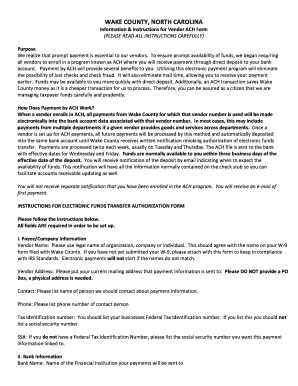 Wake County Vendor ACH Authorization Form