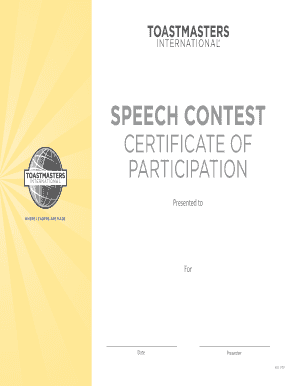 Toastmasters Speech Contest Participation Certificate