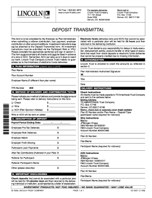 Lincoln Trust Company Deposit Transmittal Form
