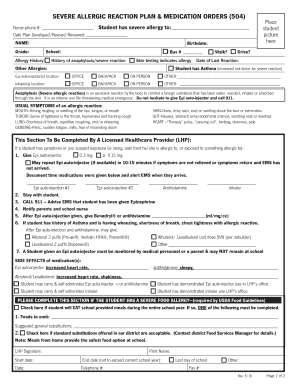 Severe Allergic Reaction Plan & Medication Orders