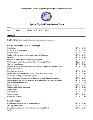 Journey House Sports Physical Examination Form