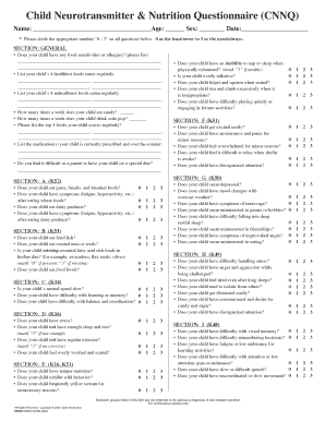 Child Neurotransmitter & Nutrition Questionnaire