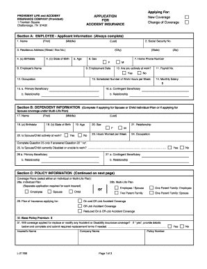 Provident Life and Accident Insurance Application