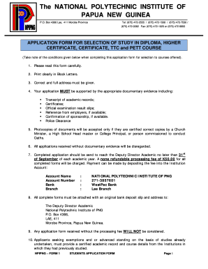 National Polytechnic Institute of PNG Student Application Form