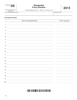 Wisconsin Schedule DE Disregarded Entity Form 2015