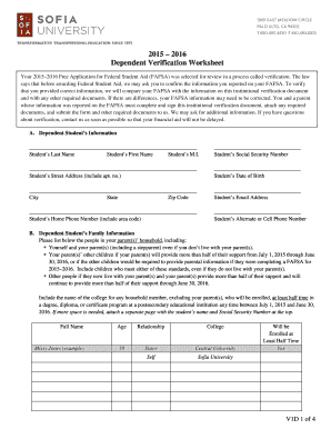 2015-2016 Dependent Verification Worksheet