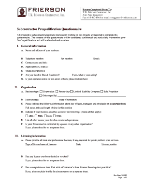 Subcontractor Prequalification Questionnaire