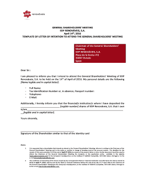 Letter of Intention to Attend General Shareholders' Meeting