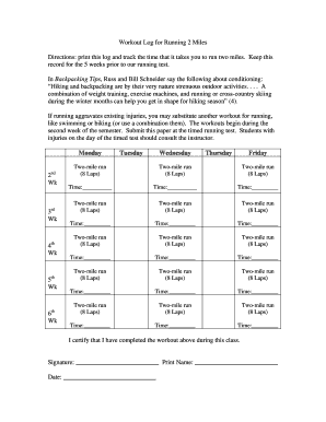 Workout Log for Running 2 Miles - web43canyonsedu - web43 canyons