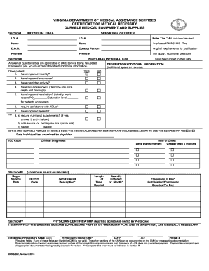 Virginia Certificate of Medical Necessity for Durable Medical Equipment