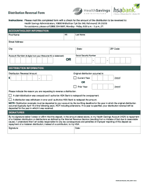 Health Savings Account Distribution Reversal Form