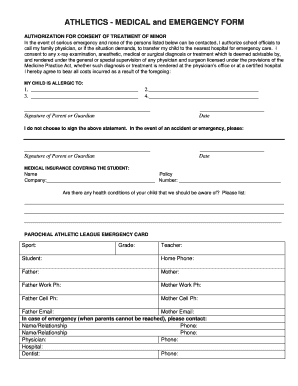 Parochial Athletic League Emergency Card