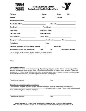 Teen Adventure Center Contact and Health Form