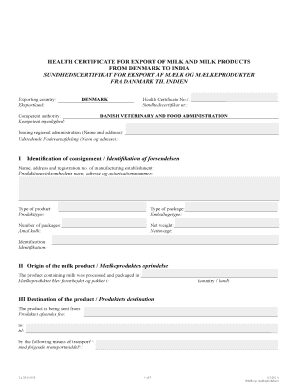 Health Certificate for Export of Milk and Milk Products