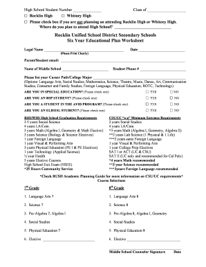 Rocklin Unified School District Six Year Educational Plan Worksheet