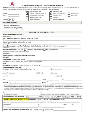 PTA Reflections Program Student Entry Form