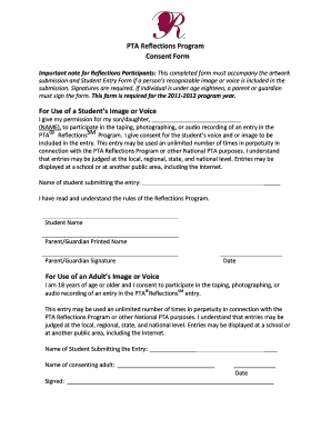 PTA Reflections Program Consent Form